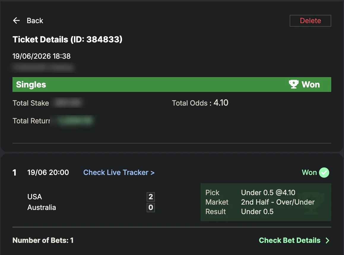 Settled SportyBet ticket: Won Singles — total odds 4.10