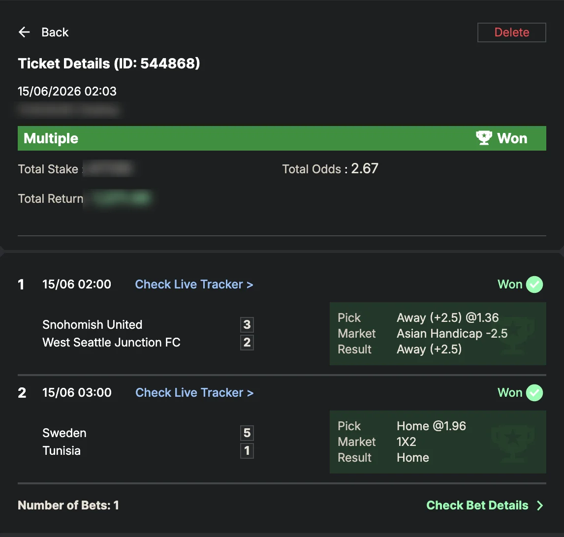 Settled SportyBet ticket: Won Multiple — total odds 2.67