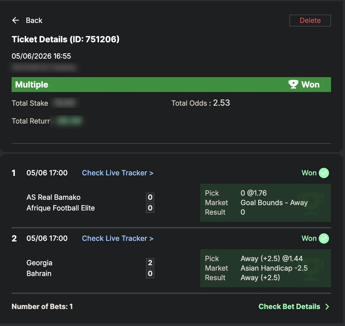 Settled SportyBet ticket: Won Multiple — total odds 2.53