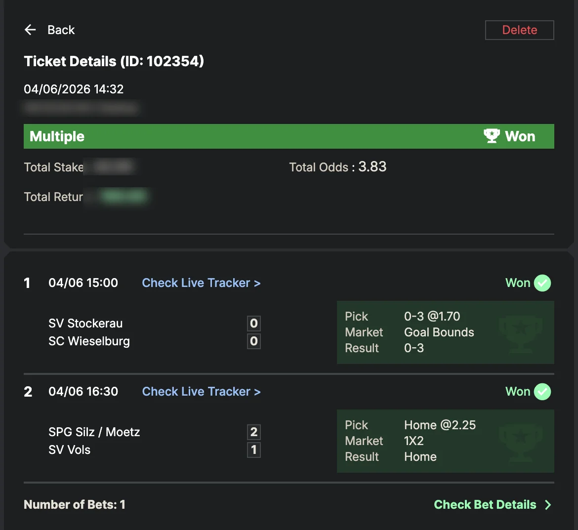Settled SportyBet ticket: Won Multiple — total odds 3.83